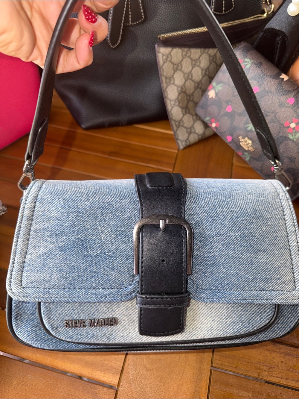 Steve Madden Light Blue Denim Shoulder Bag with Black Trim
